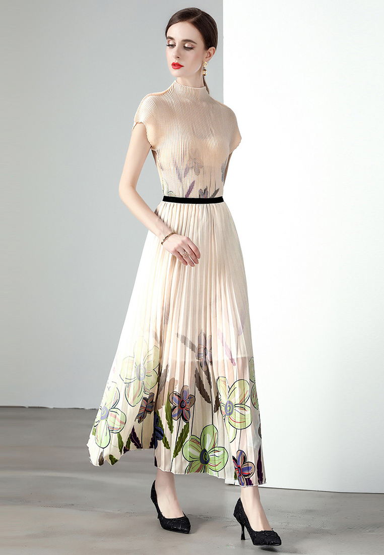 Fashionable and Chic Set Stylish Top with PrintedSkirt A-line Dress CA061396BK