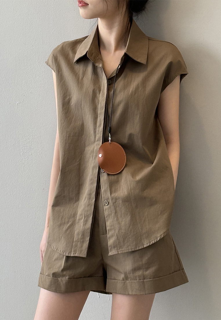 Summer French Shirt Top and Work Shorts Set CA25061796BW