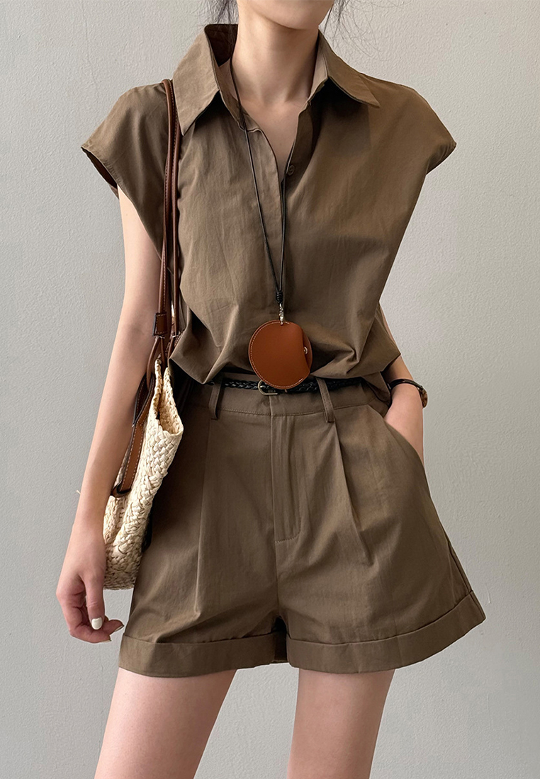Summer French Shirt Top and Work Shorts Set CA25061796BW