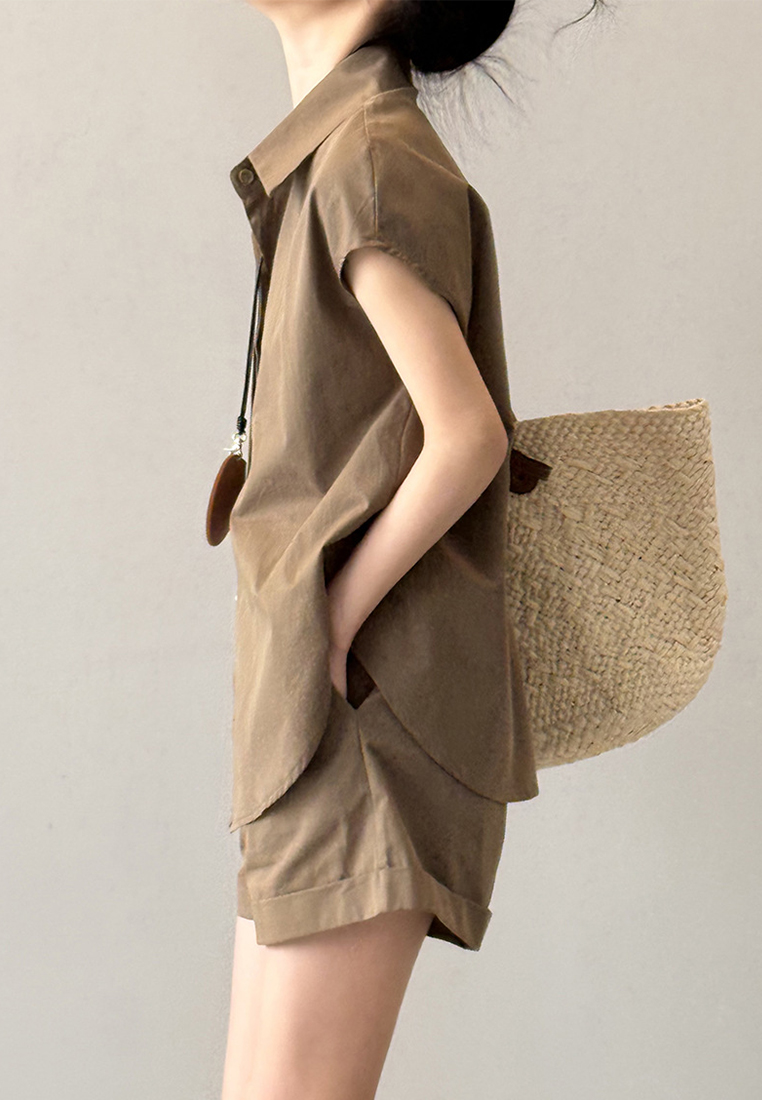 Summer French Shirt Top and Work Shorts Set CA25061796BW