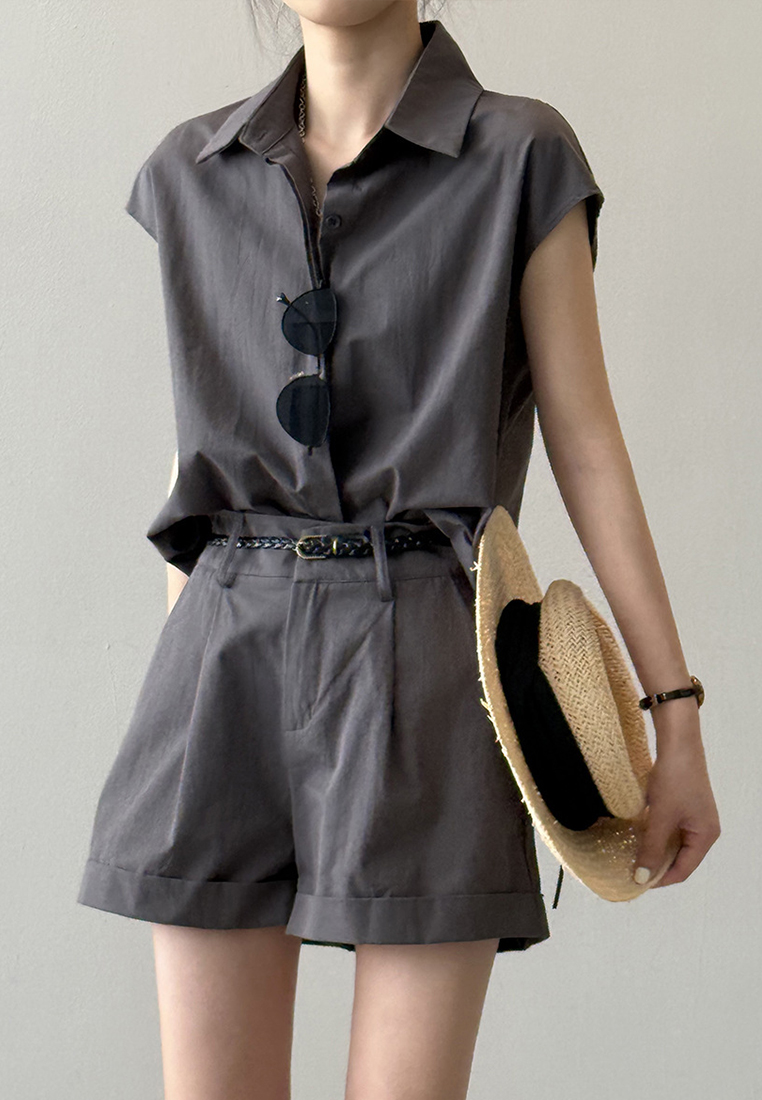 Summer French Shirt Top and Work Shorts Set CA25061796BW