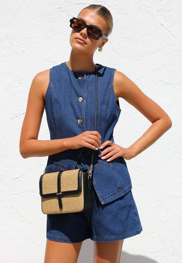 New Fashion Sleeveless Top High Waist Loose Denim Shorts Set CA25042268DGBL