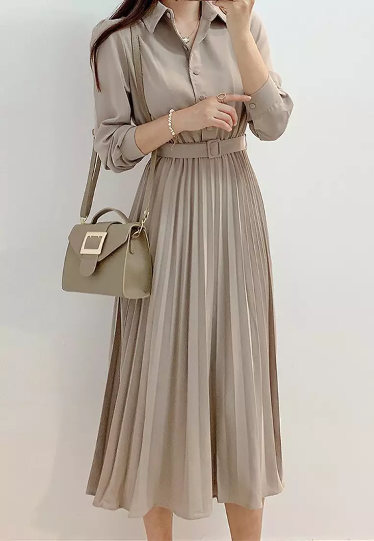 Korean Elegant Single breasted Flip Collar Long Dress CA24092713BW