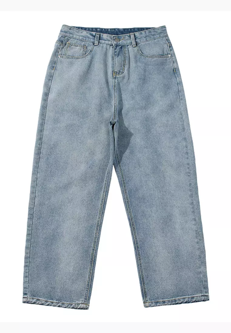Simple Straight Washed Denim Long Pants A22050331BK