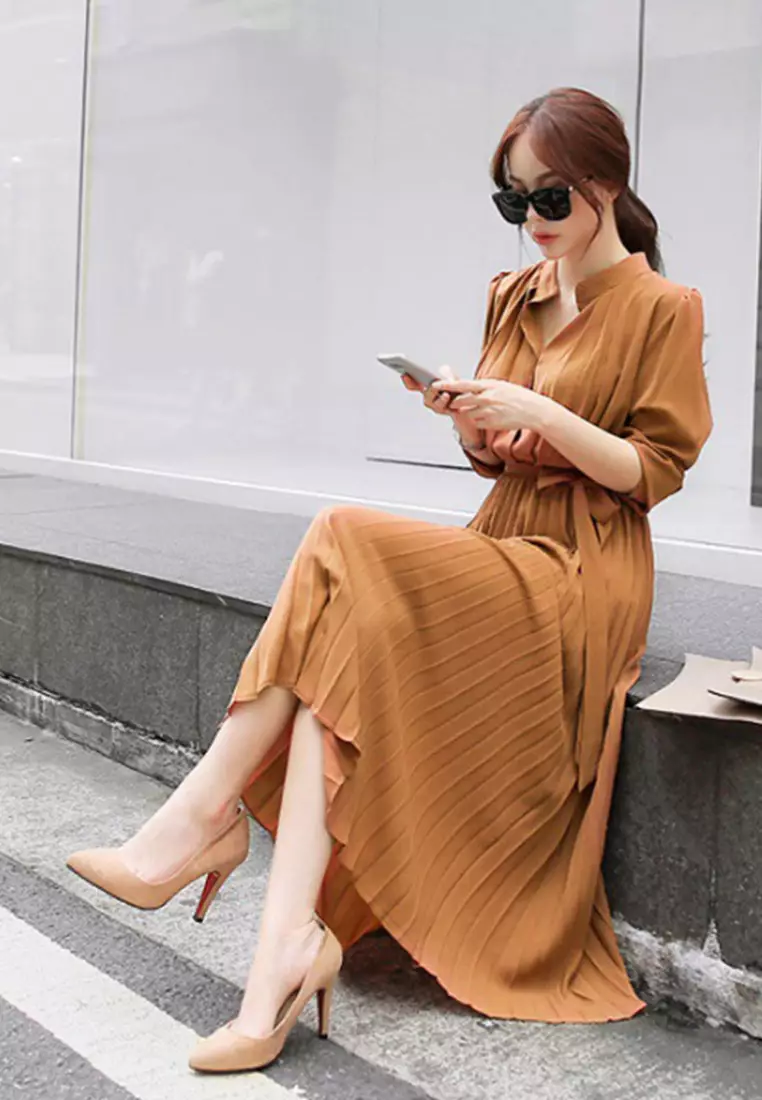 Chiffon long sleeved pleated dress CA24092744BW