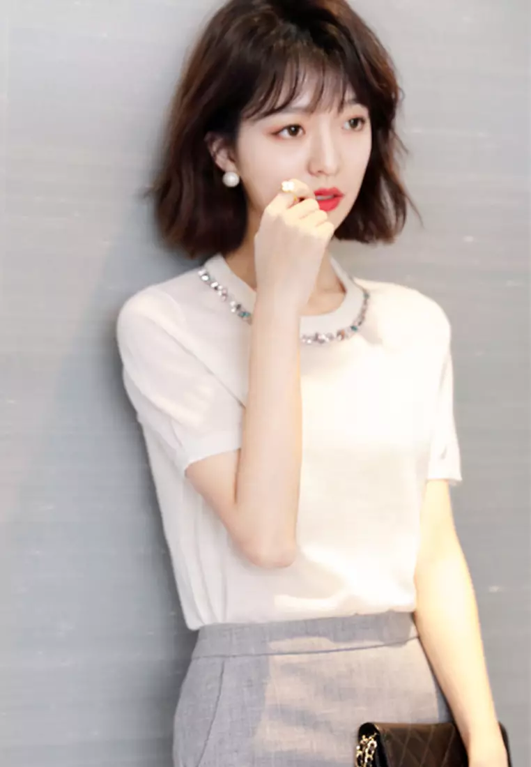 Korean Style Woolen Beaded Ultra-Thin Top A21031903BK