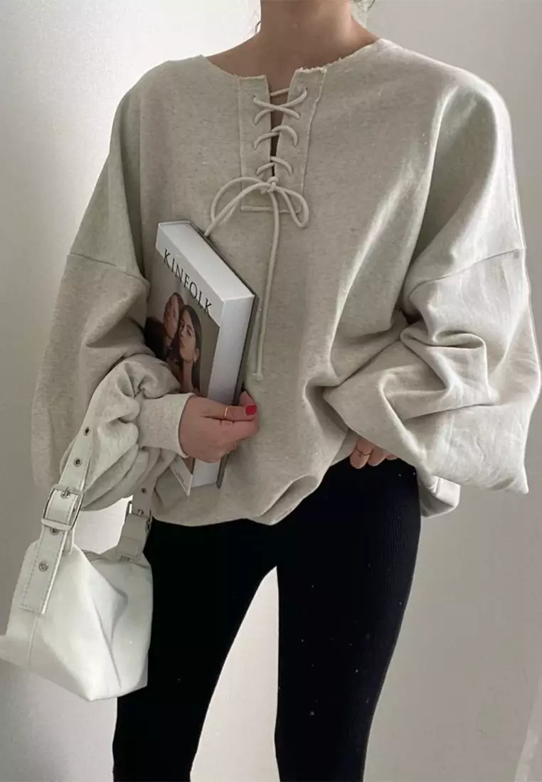 Vintage lace up lantern sleeve loose top CA24092514GY