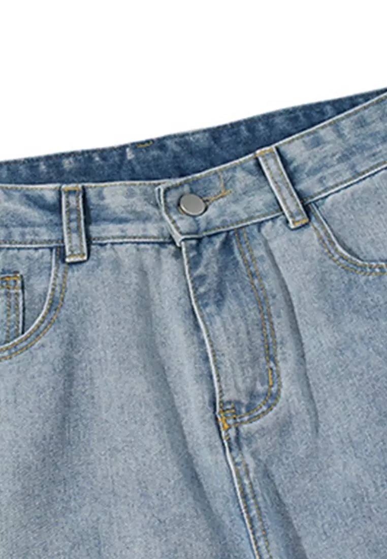 Simple Straight Washed Denim Long Pants A22050331BK