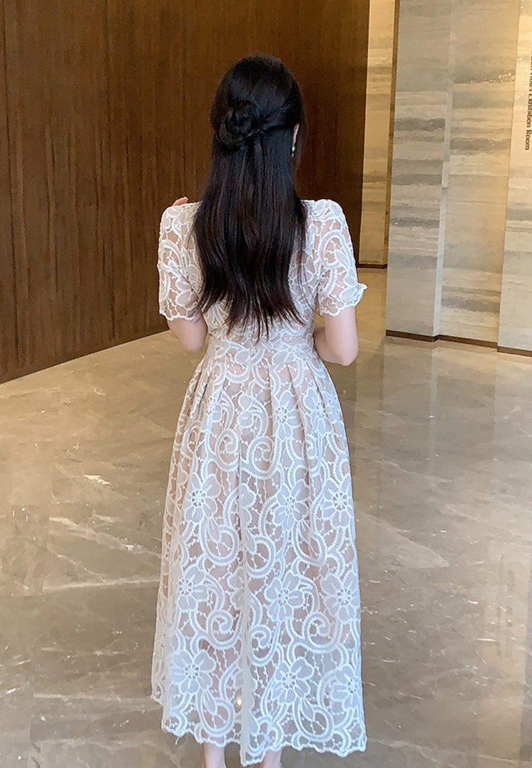 French round neck puff sleeve lace waisted long skirt CA25021334RD