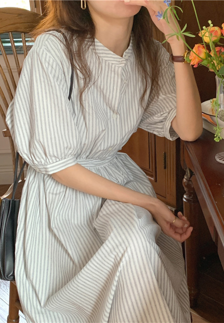 French striped temperament waist cinching short sleeved dress CA25032742W