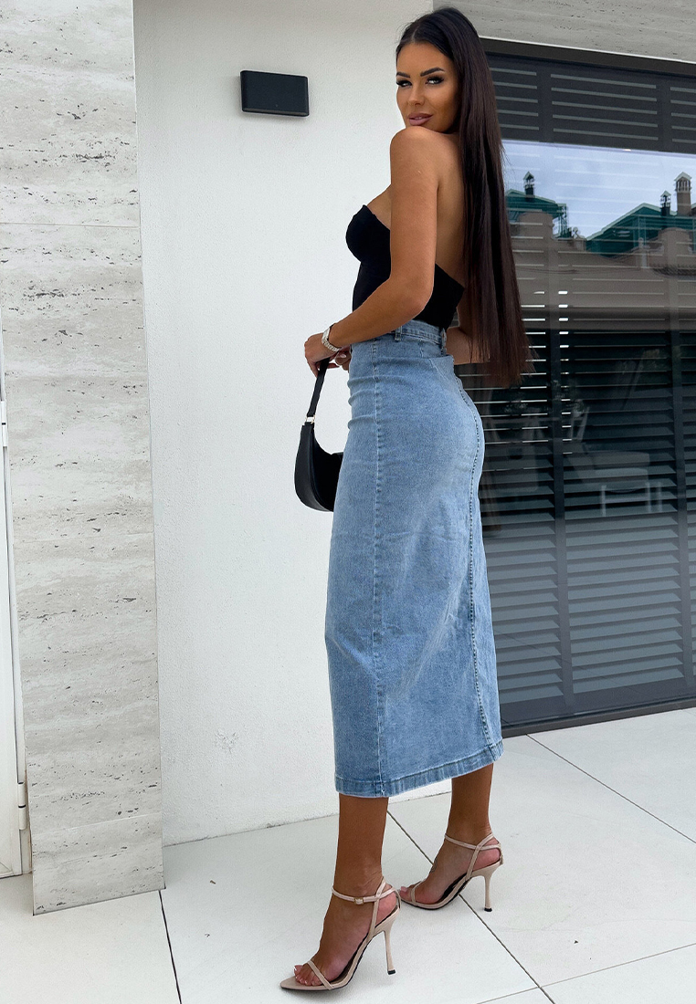 New button slim fit split half body denim skirt CA25042275BK