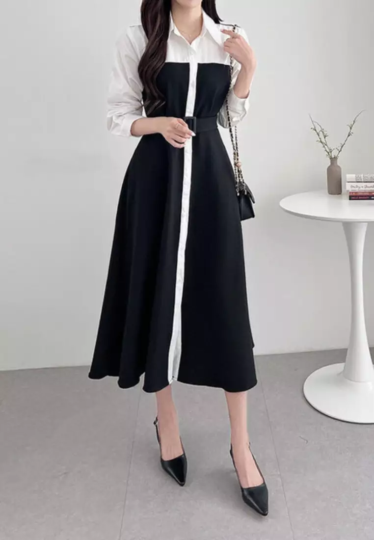 New elegant single-breasted contrasting color splicing shirt long-sleeved dress K103102BE