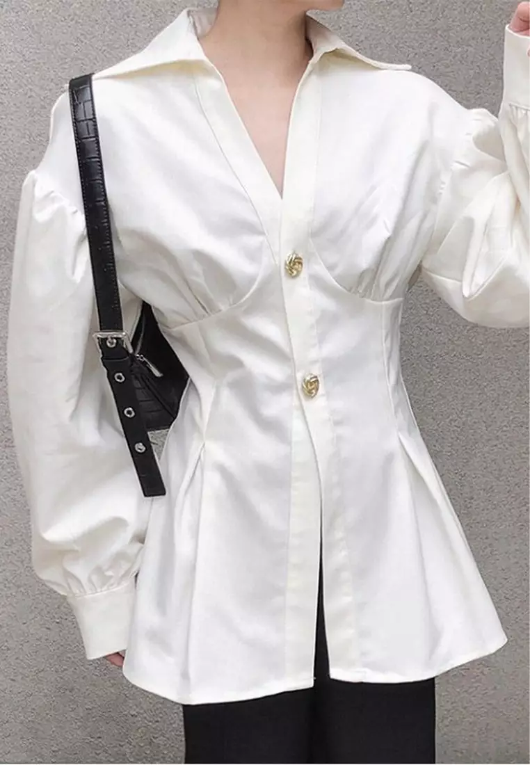 French V-neck button white shirt CA24092329W