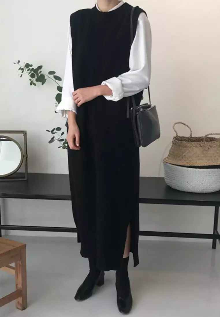 Classic retro long knit vest dress CA24092516BK