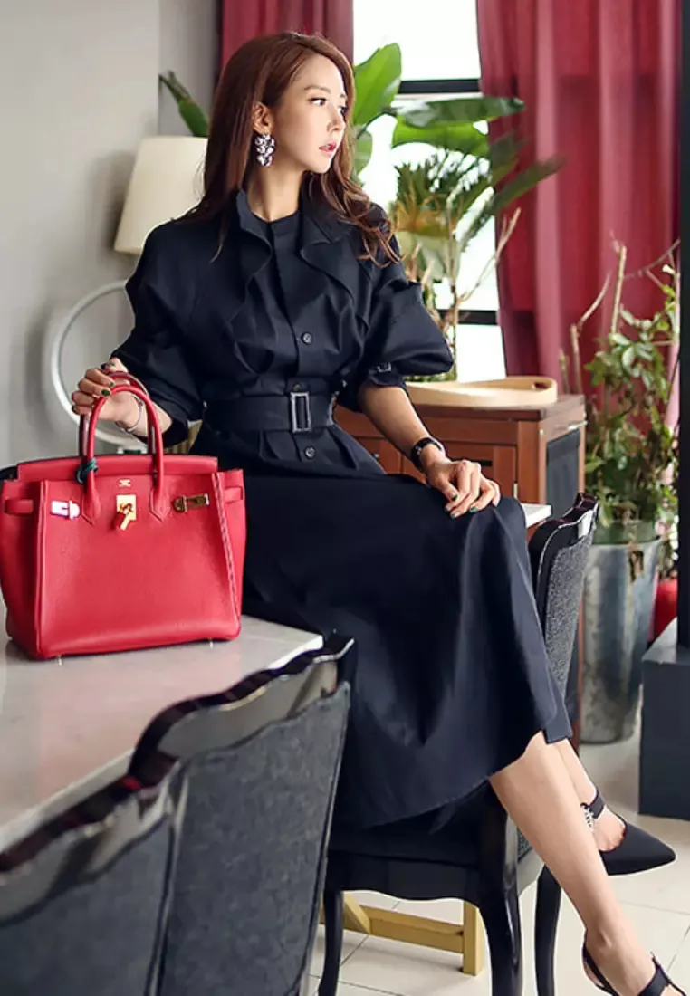 New temperament stand collar retro mid-length trench coat jacket dress K100305