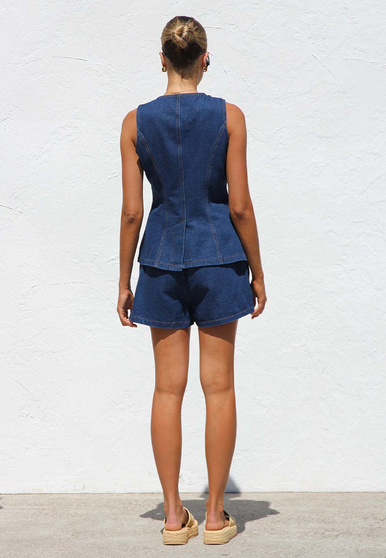 New Fashion Sleeveless Top High Waist Loose Denim Shorts Set CA25042268DGBL