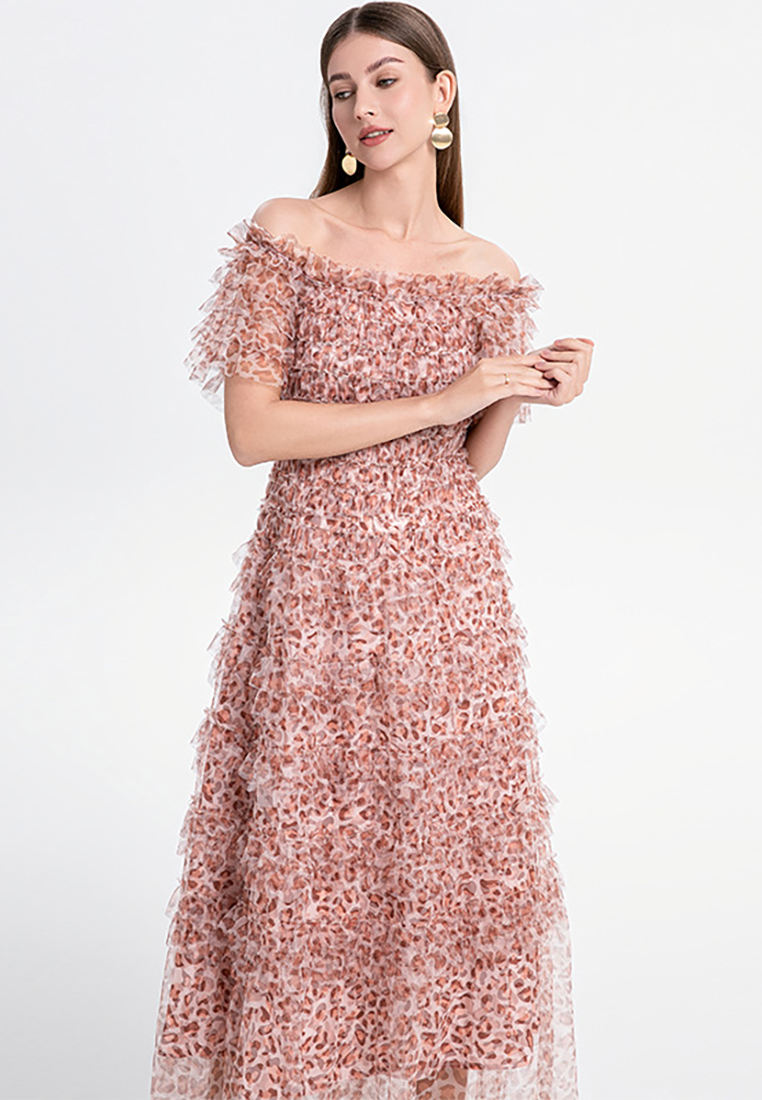 French off-shoulder puff sleeve leopard print mesh dress CA25021352MT