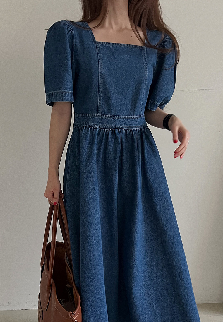 Korean summer retro square neck slimming bubble sleeve dress CA25032725BL