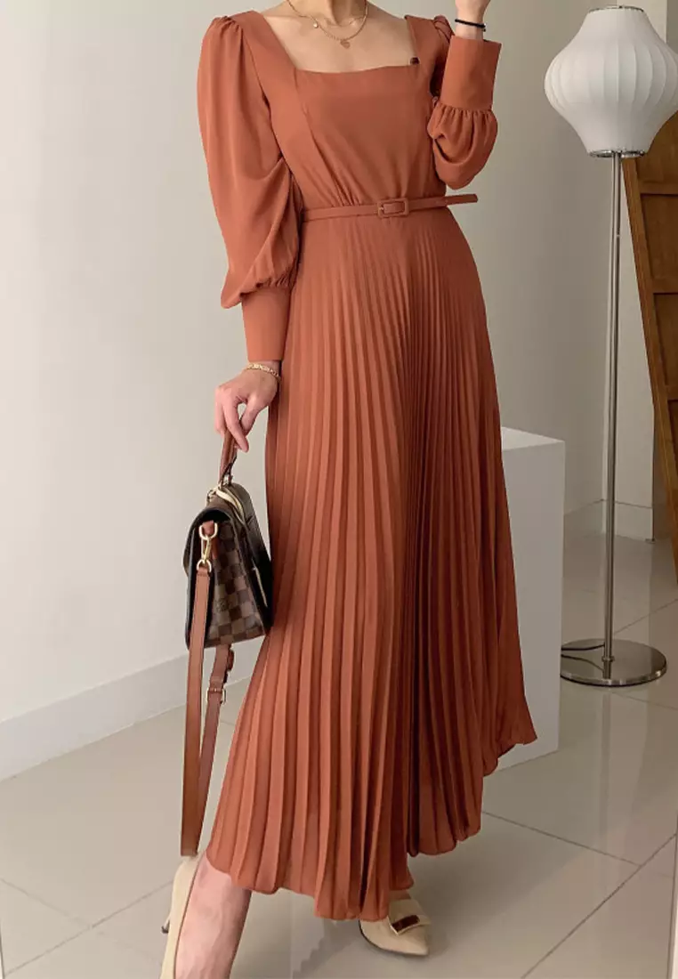French square neck long sleeved pleated dress CA24092722BK