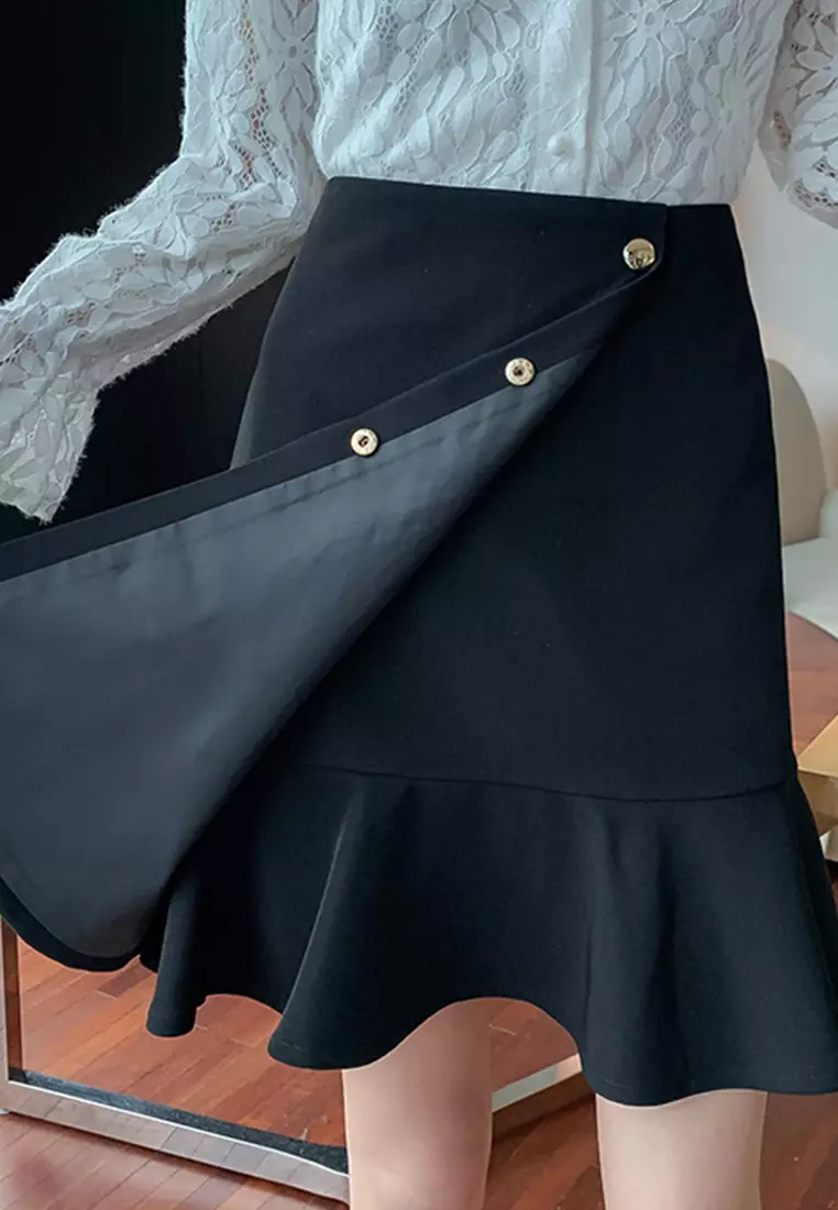 Temperament High Waist Pack Hip Ruffle Skirt A22022521BK