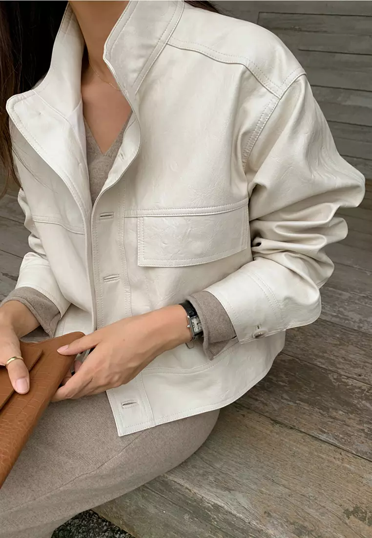 Single breasted loose leather jacket, casual cardigan jacket CA24092724BK