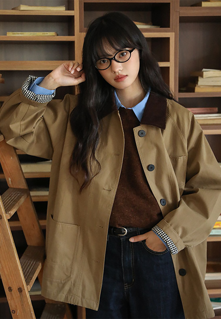 Retro contrast lapel workwear trench coat CA25091938KI