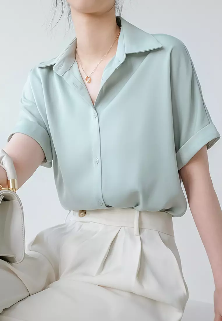 Summer Japanese thin satin drape short-sleeved shirt CA24032503W