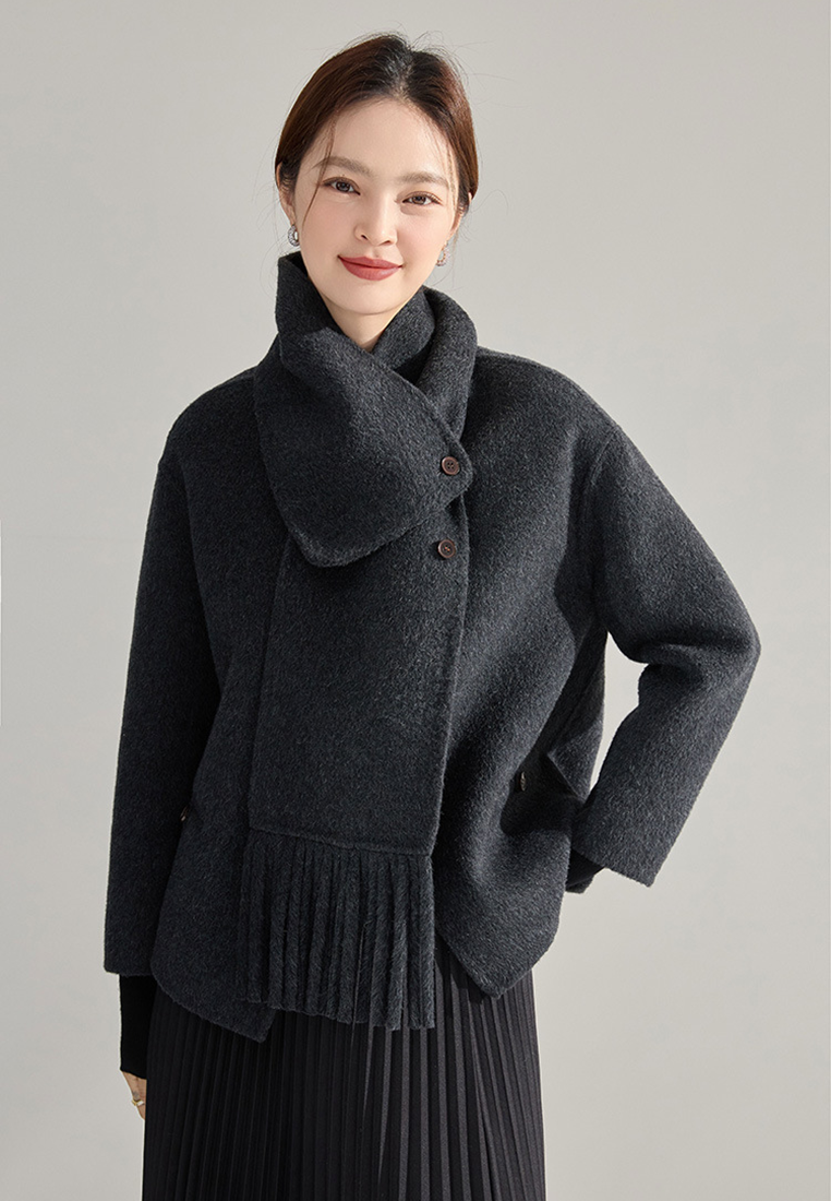 Winter detachable tassel scarf camel hair double-faced wool coat CA25010704GY