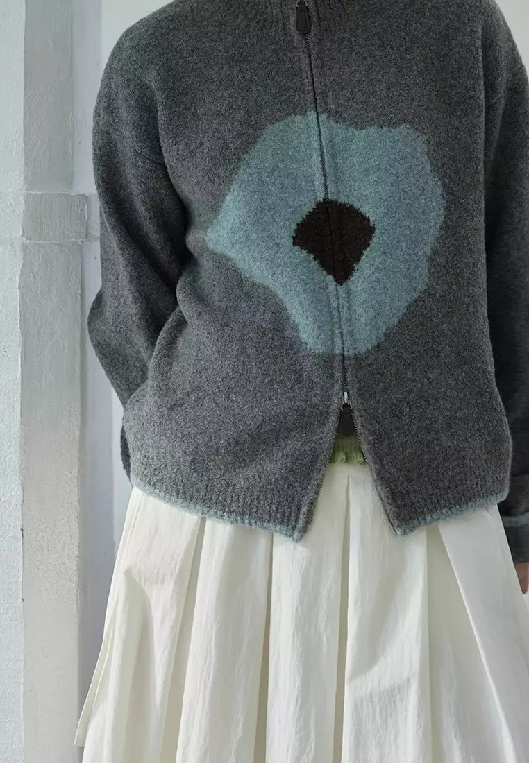 Retro style new flower pattern zipper knitted sweater jacket Cardigan K120302GY