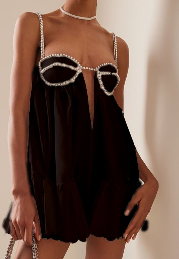 Fashionable suspender diamond strip large swing dress CA25042218W