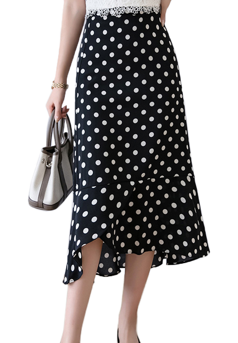 -+-Temperament New Dot Pattern Fishtail Skirt A051504BK-L