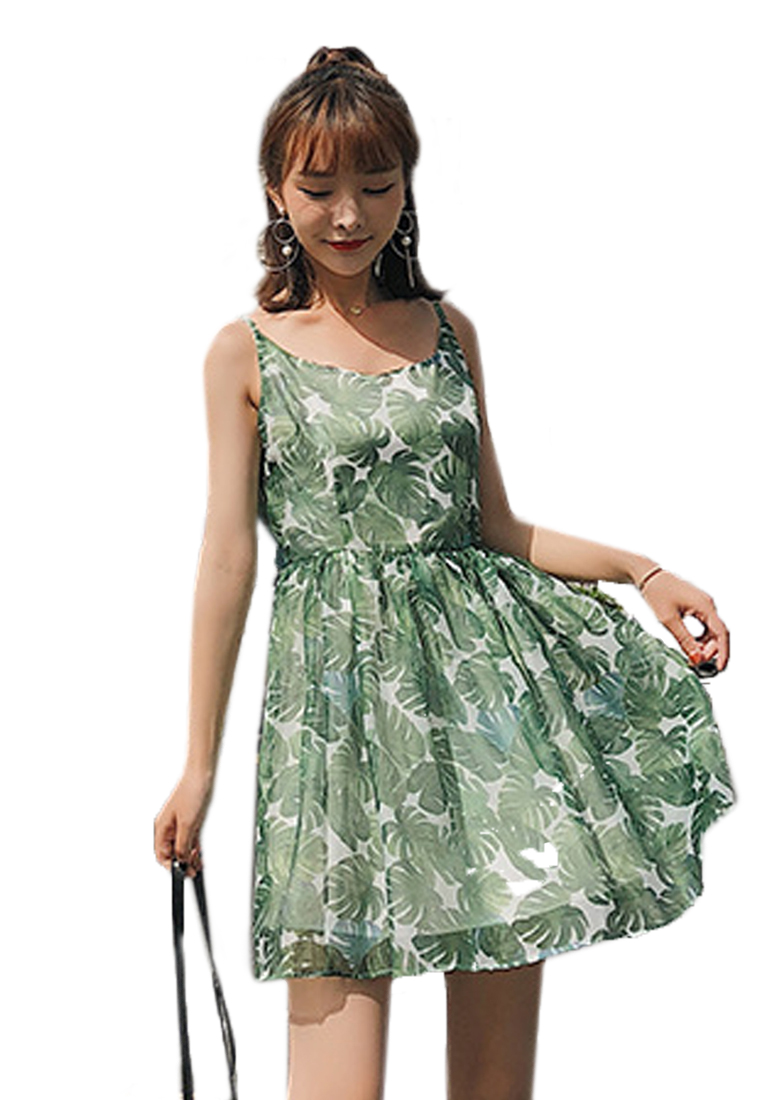 --Green Floral One Piece Dress A061222-M