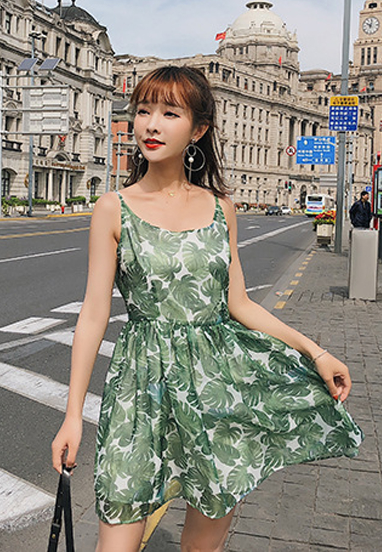 --Green Floral One Piece Dress A061222-M