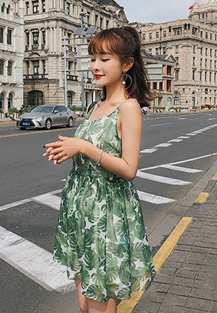 --Green Floral One Piece Dress A061222-M