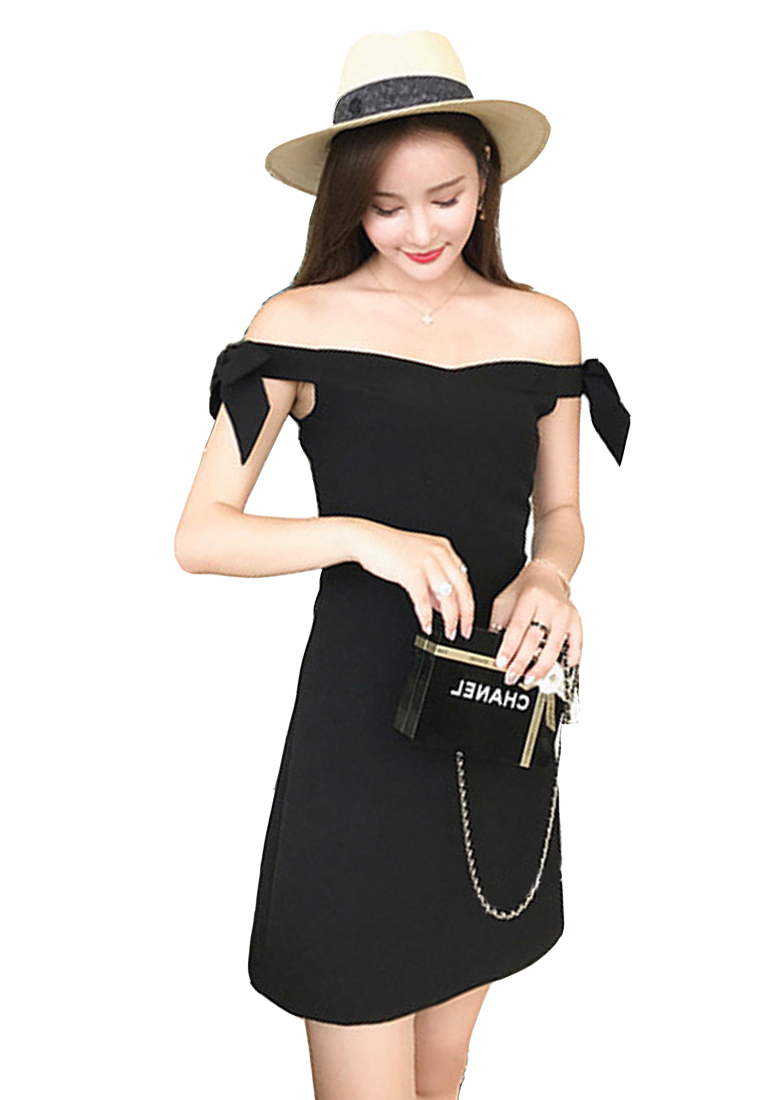 --Black Off Shoulder One Piece Mini Dress A072414BK-S