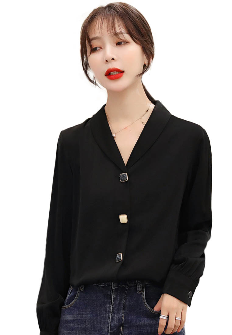 --V-Neck Chiffon Shirt Western Style Long-Sleeved Shirt A090911BK-L