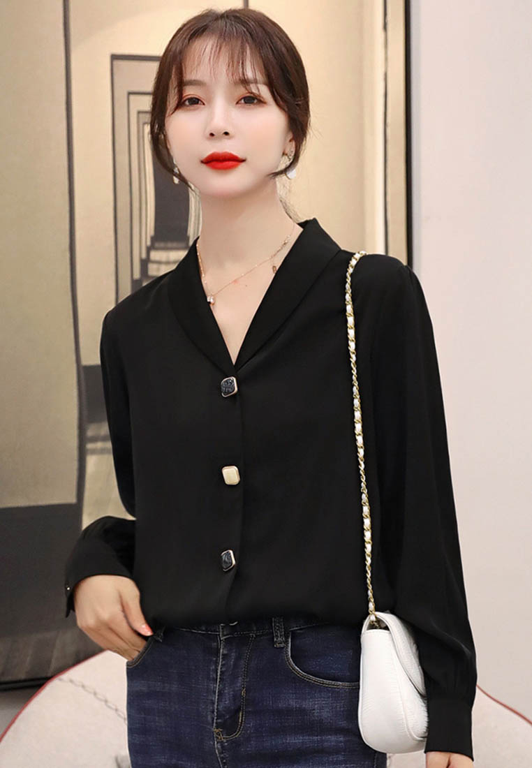 --V-Neck Chiffon Shirt Western Style Long-Sleeved Shirt A090911BK-L