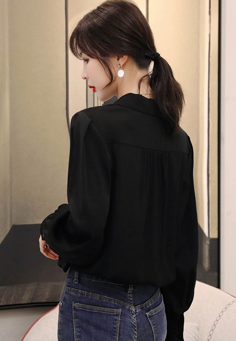 --V-Neck Chiffon Shirt Western Style Long-Sleeved Shirt A090911BK-L