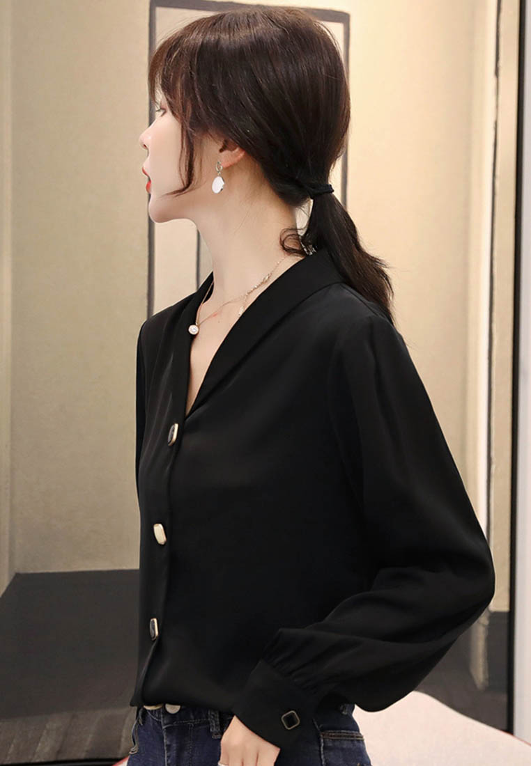 --V-Neck Chiffon Shirt Western Style Long-Sleeved Shirt A090911BK-L