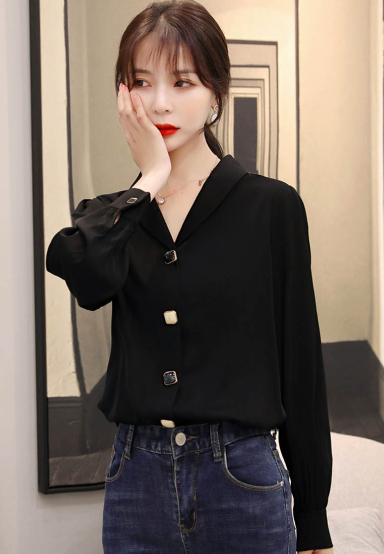 --V-Neck Chiffon Shirt Western Style Long-Sleeved Shirt A090911BK-L