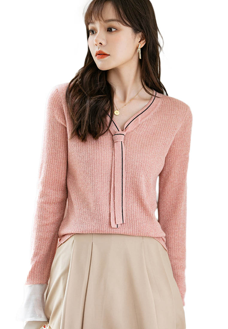 --V-neck Spliced Mesh and Wtreamer Wool Sweater A092202PI-L