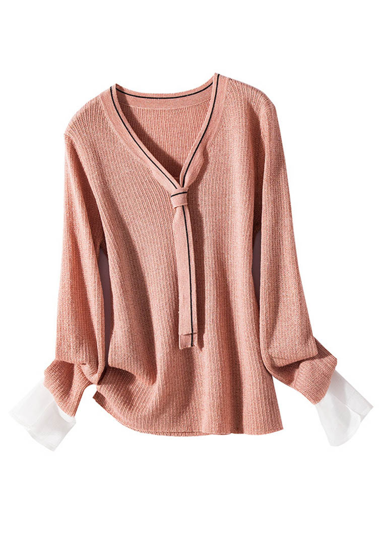 --V-neck Spliced Mesh and Wtreamer Wool Sweater A092202PI-L