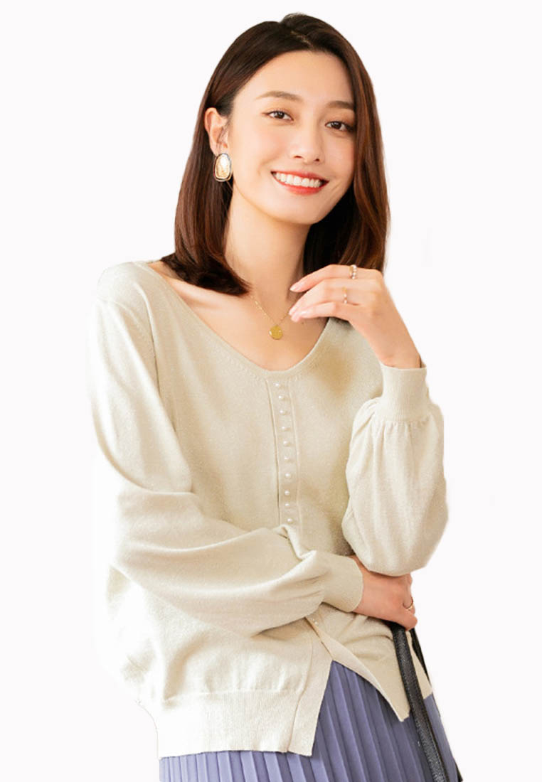 --Vintage Lantern Sleeve V-Neck Sweater A092205BE-S