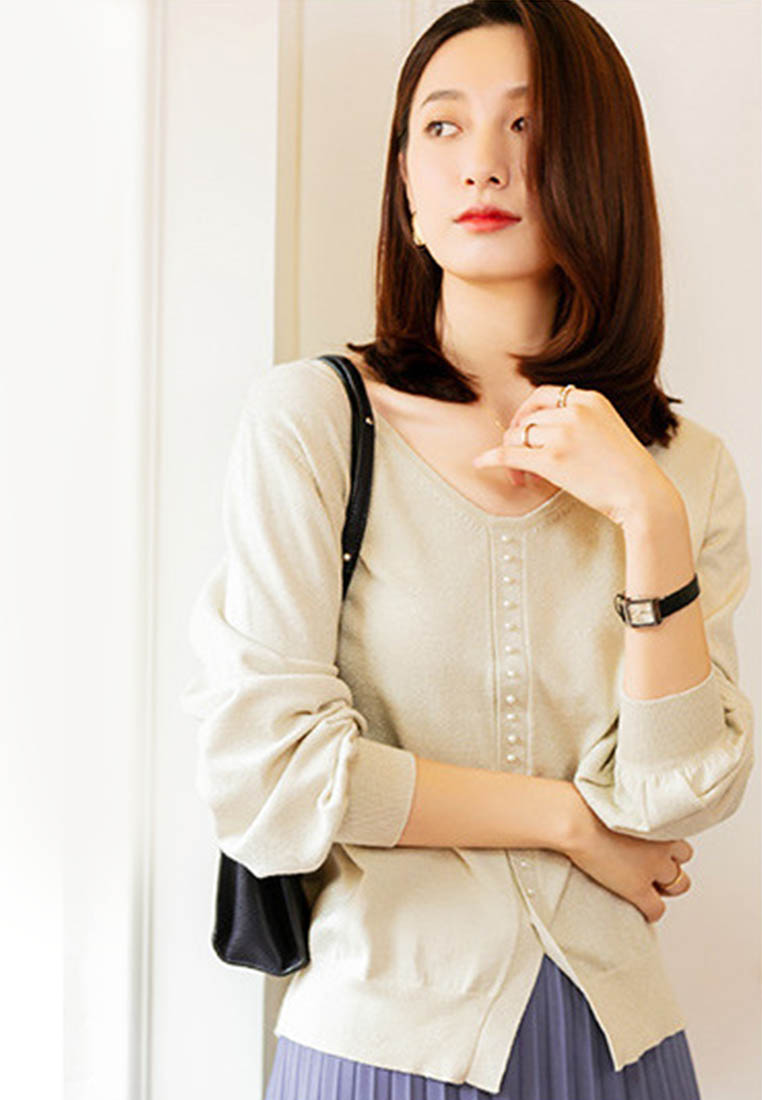 --Vintage Lantern Sleeve V-Neck Sweater A092205BE-S