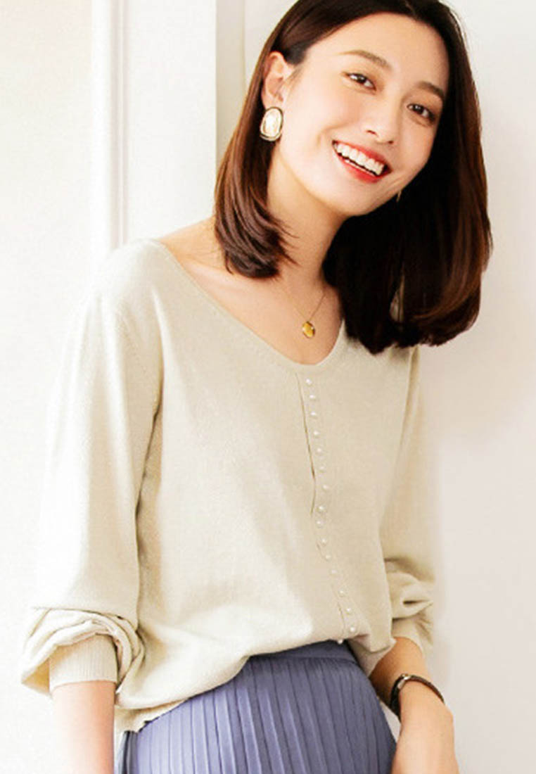 --Vintage Lantern Sleeve V-Neck Sweater A092205BE-S