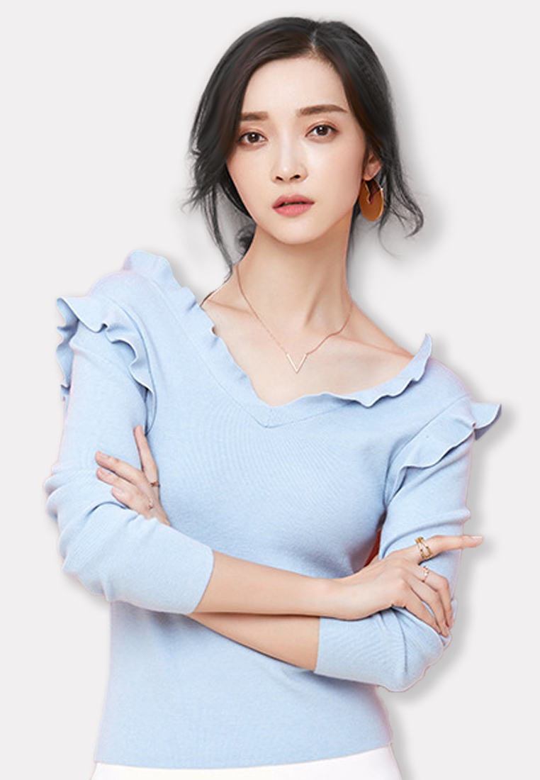 --Light Blue V-neckline Long Sleeve Top A092752BL