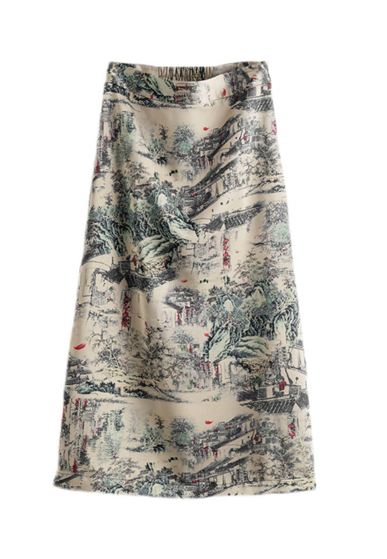 Antique landscape painting print slit elastic high waist skirt A110601