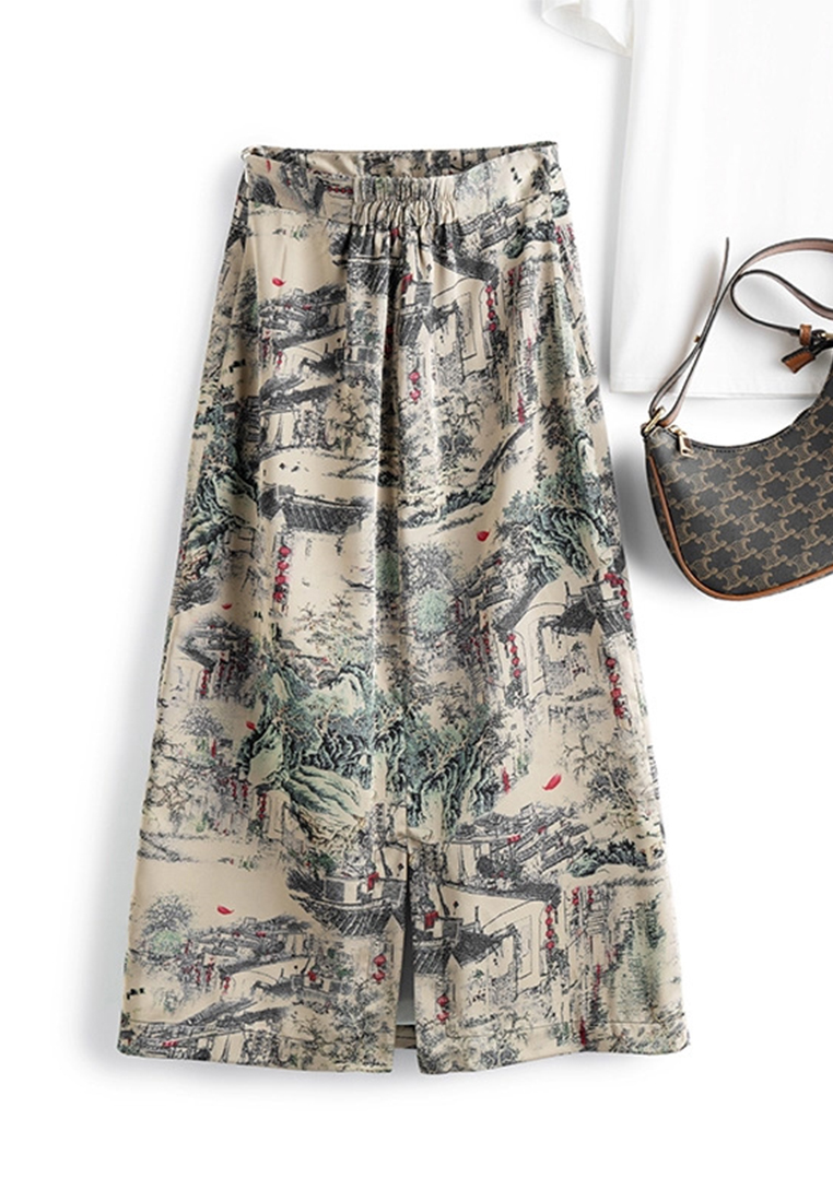 Antique landscape painting print slit elastic high waist skirt A110601