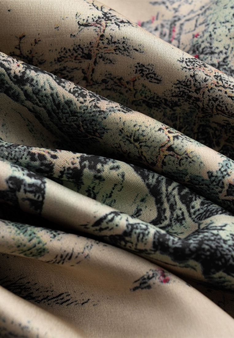 Antique landscape painting print slit elastic high waist skirt A110601