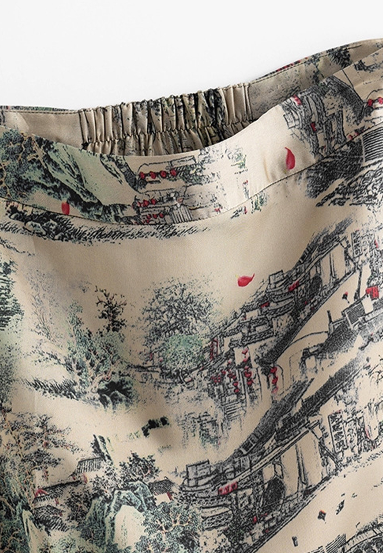 Antique landscape painting print slit elastic high waist skirt A110601